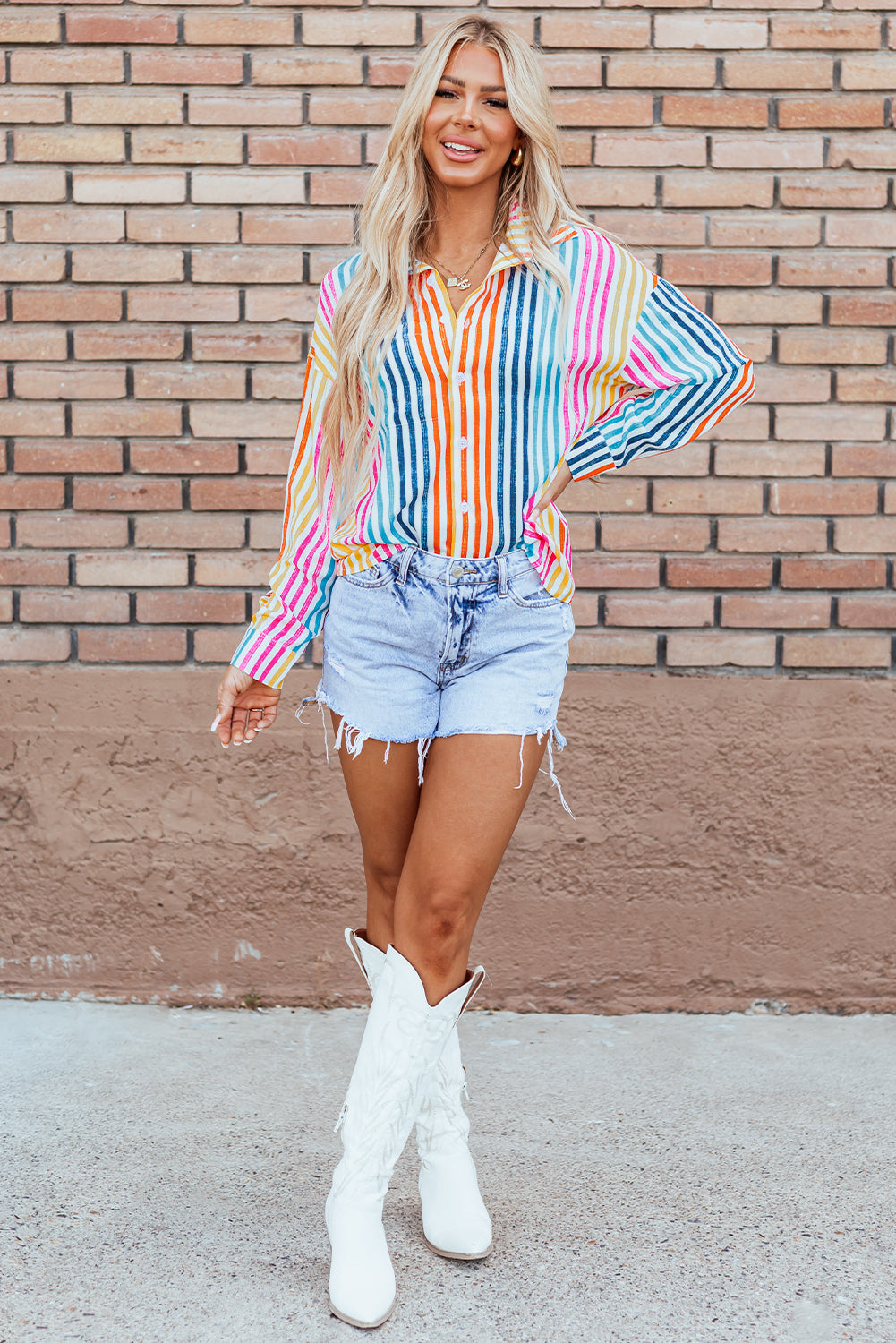 Rainbow Striped Drop Shoulder Loose Long Sleeve