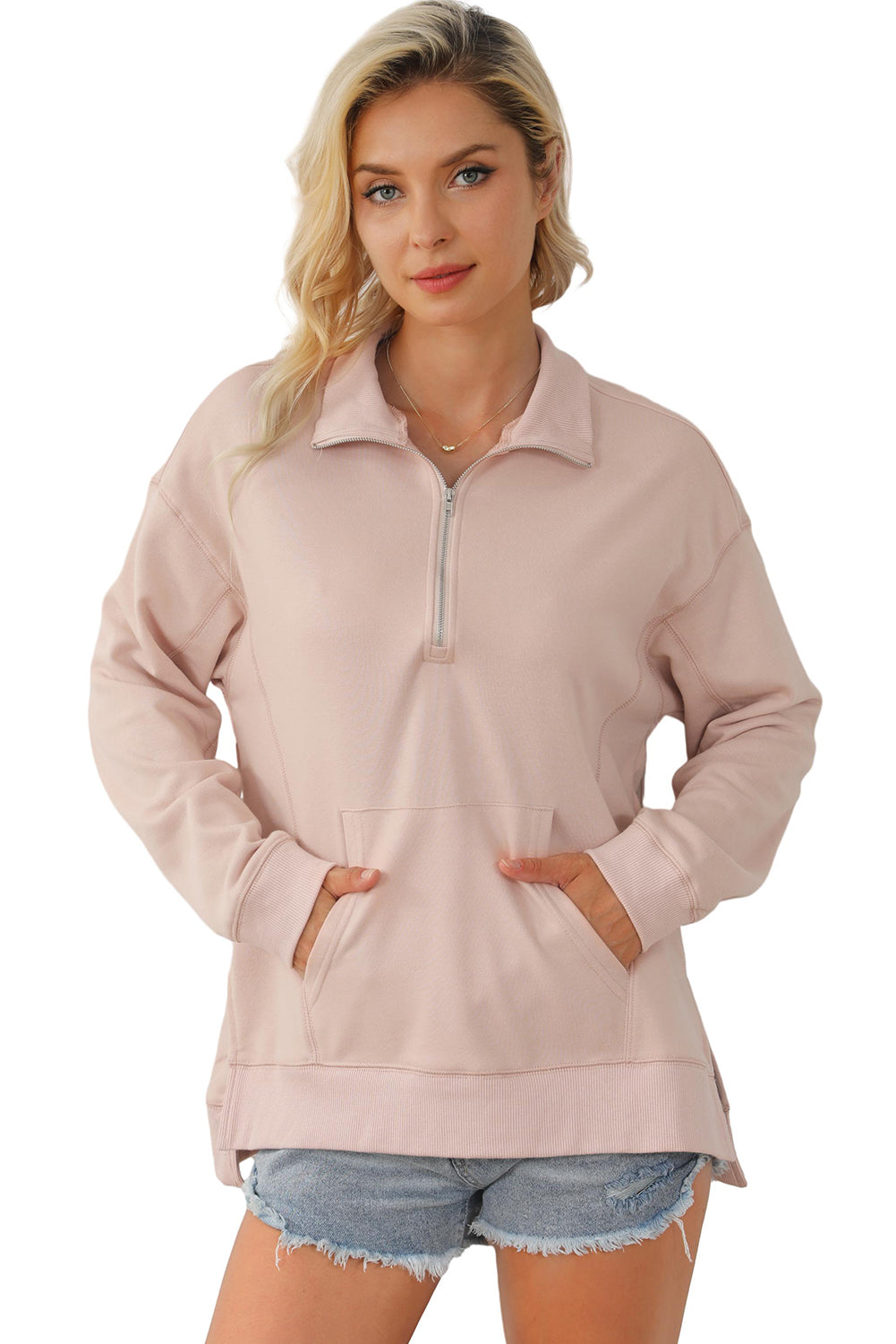 Pink Drop Shoulder Quarter Zip Sweatshirt