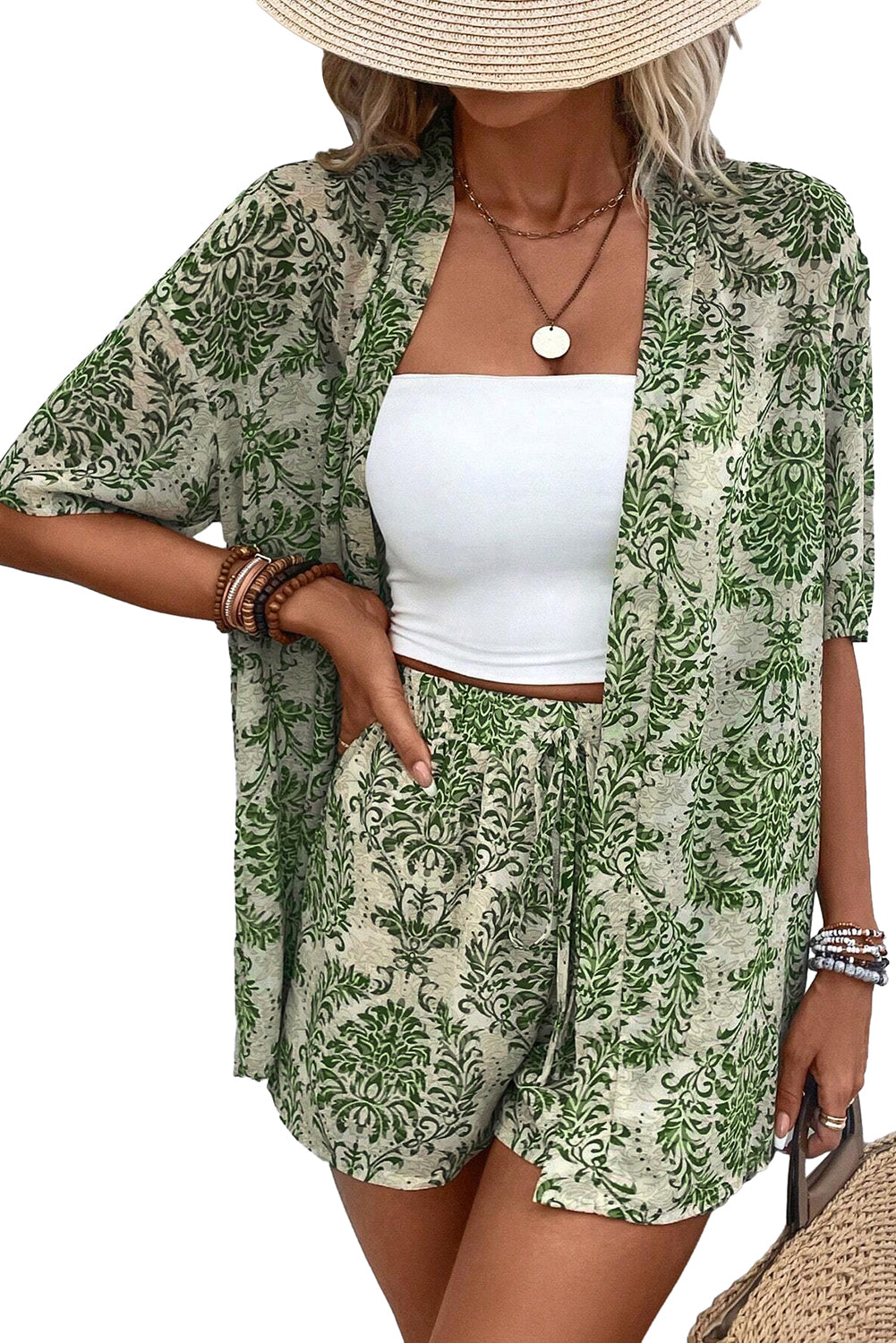 Green Vintage Floral Print Open Top and Shorts Set