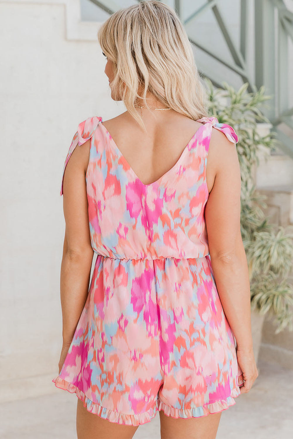 Pink V Neck Abstract Sleeveless Romper