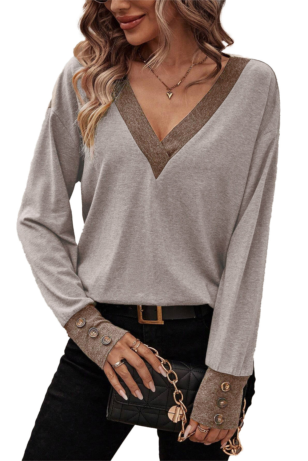 Khaki V-Neck Long Sleeve Top