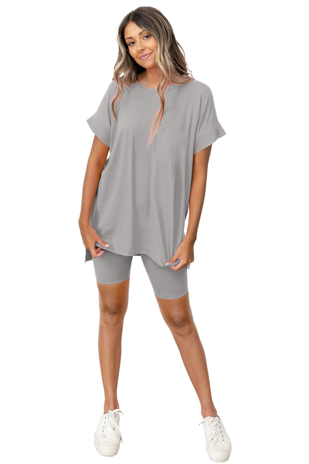 Gray Solid Split Hem Tee and Shorts Set