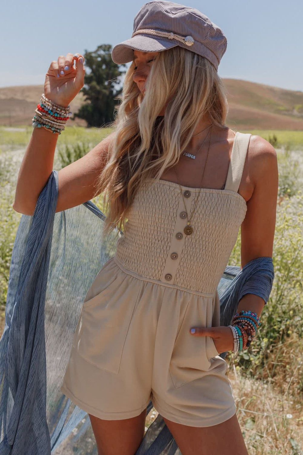 Beige Buttoned Smocked Sleeveless Romper