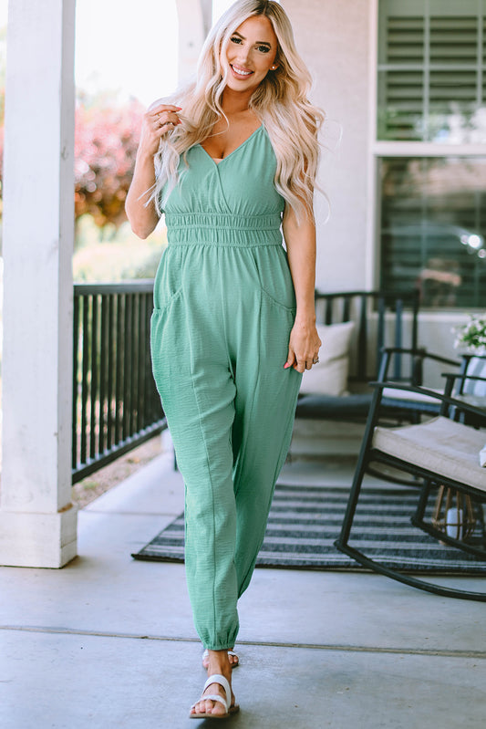 Green High Waist Sleeveless V Neck Jumpsuit