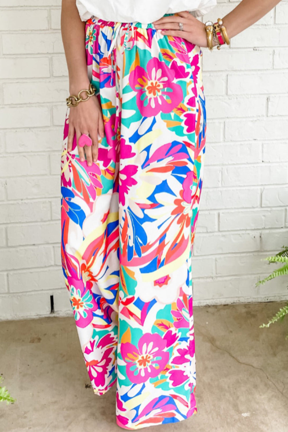 Rose Red Boho Flower Loose Wide Leg Pants