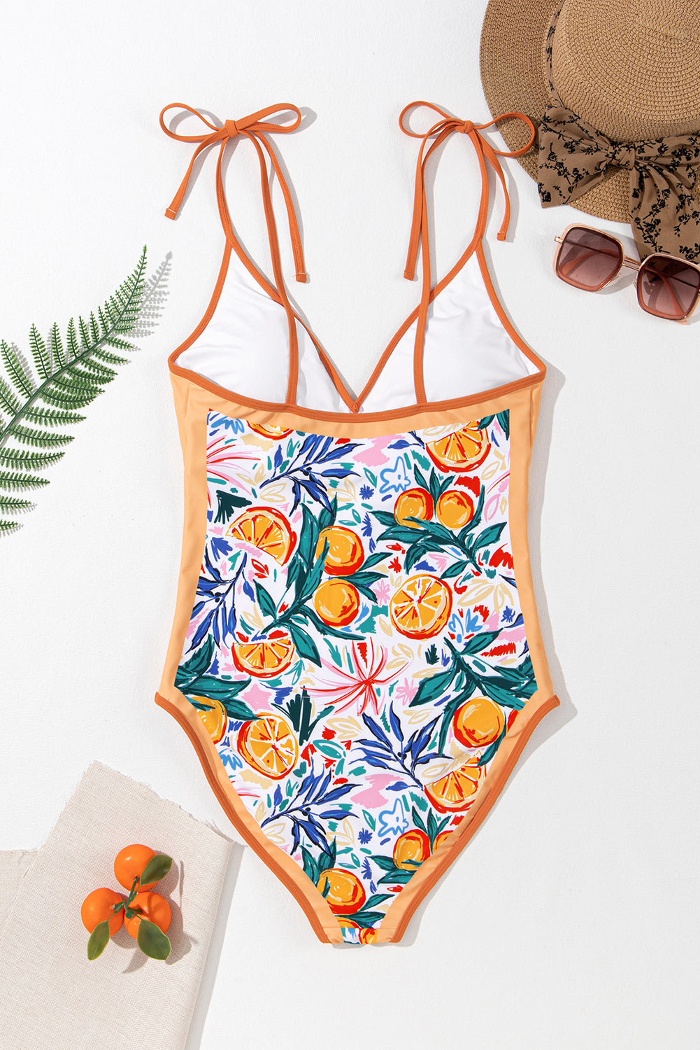 Orange Fruit Tied Strap V-Neck One Piece Swimsuit