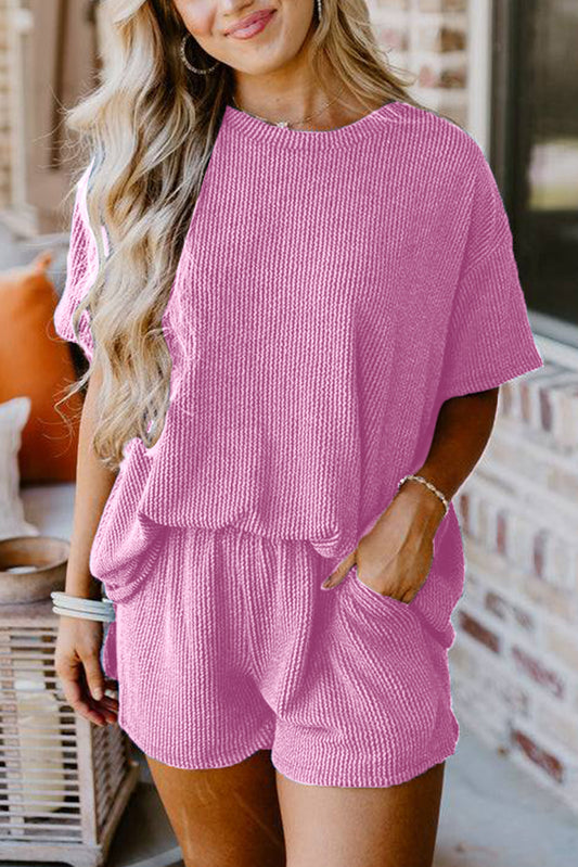 Ribbed Knit Loose Fit Tee and Shorts Set