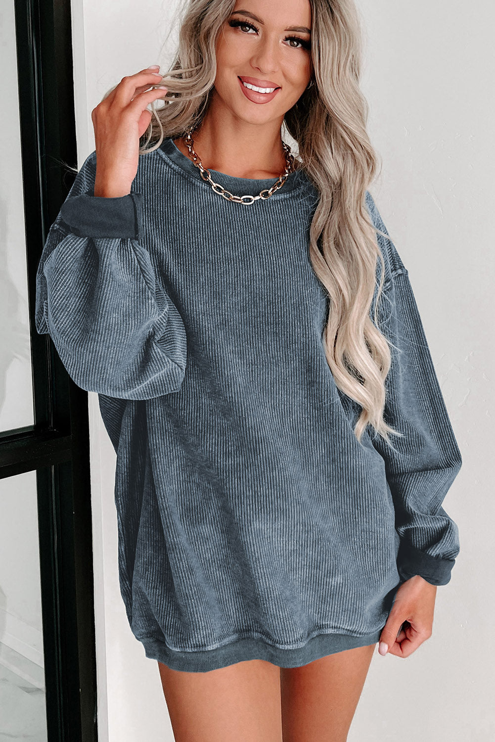 Blue Ribbed Knit Pullover Sweatshirt