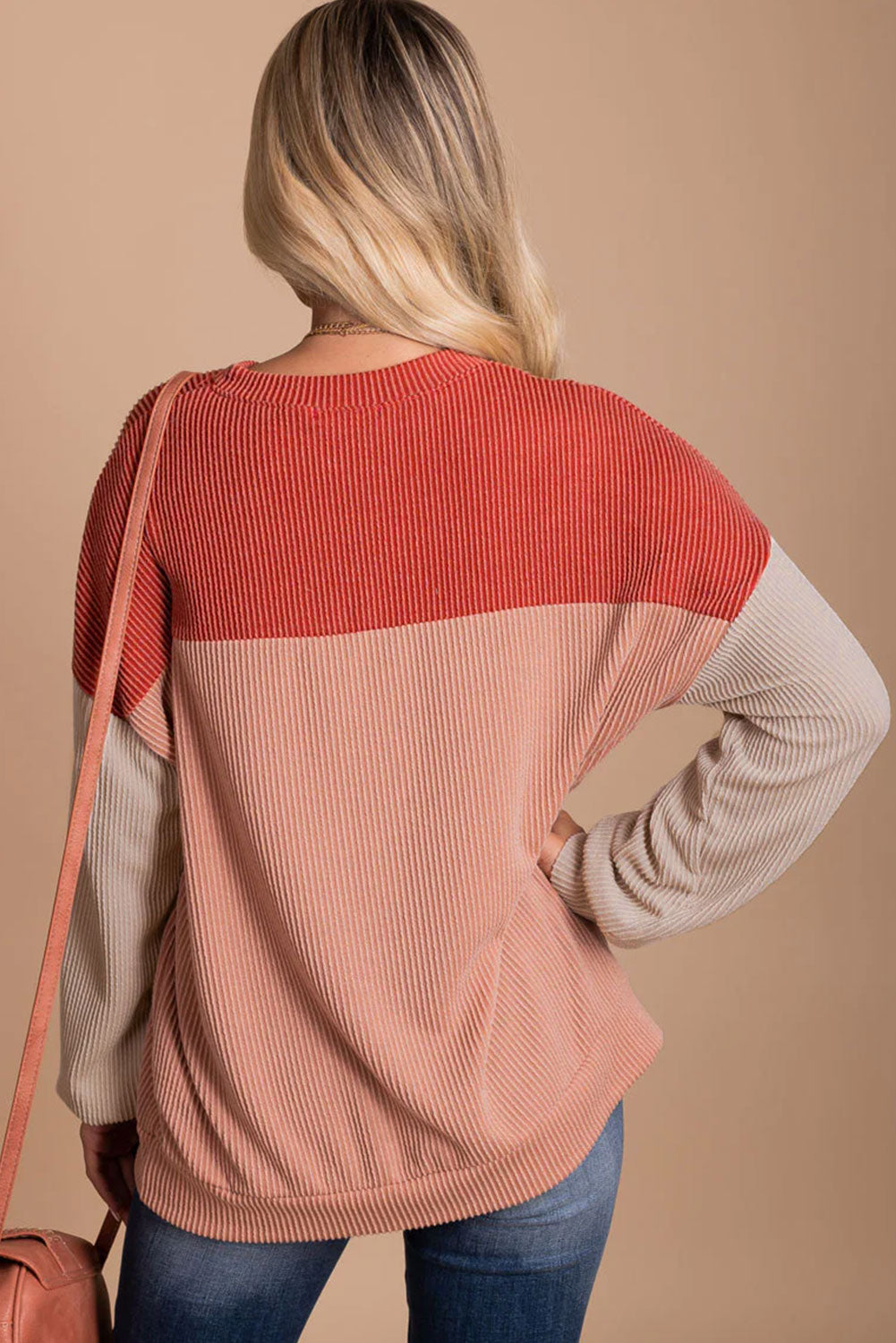 Red Long Sleeve Ribbed Loose Top